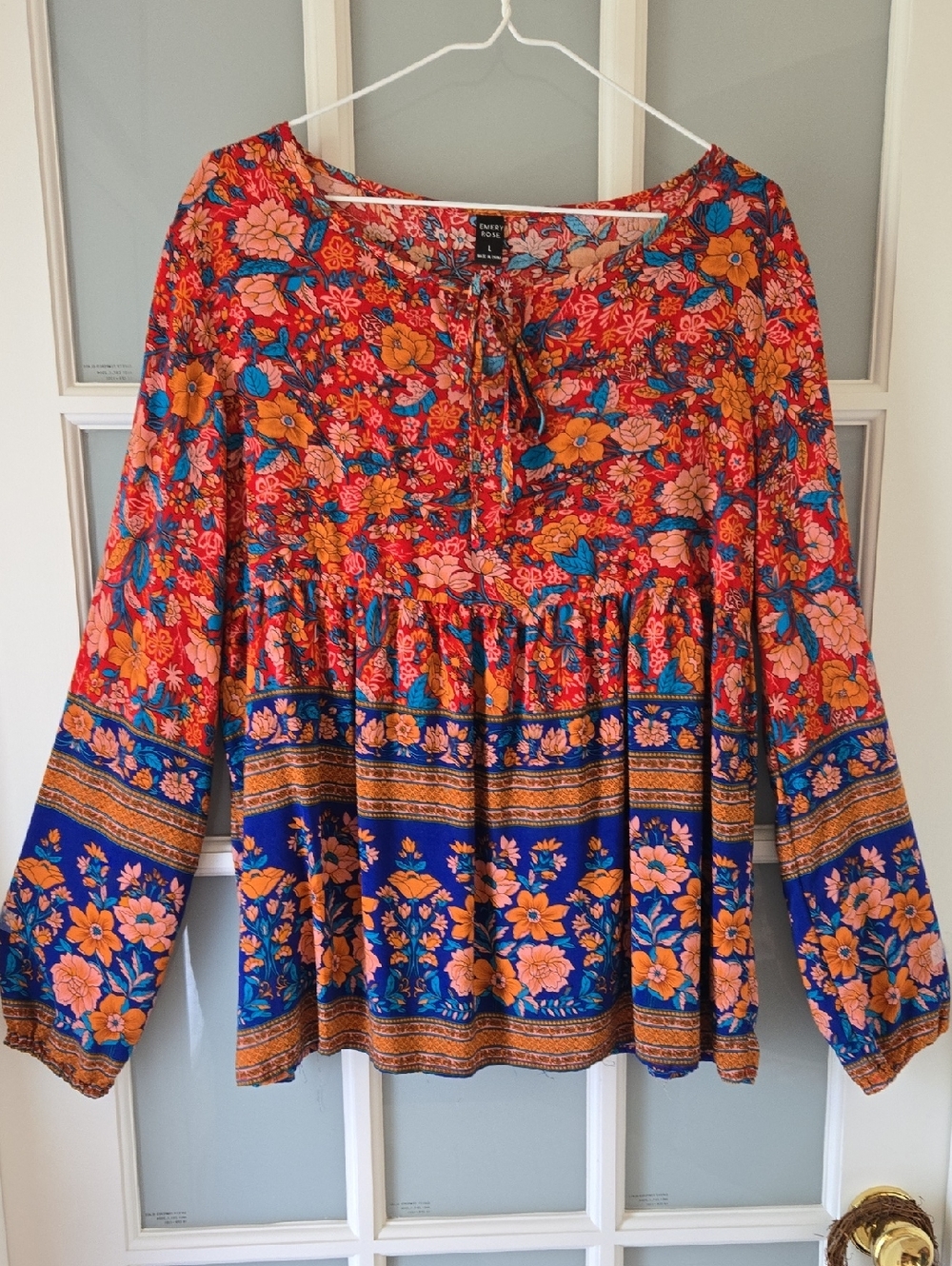 🌺 Emery Rose GORGEOUS Red Blue Orange Floral Print Baby-doll Gathered Top Lg 🌺